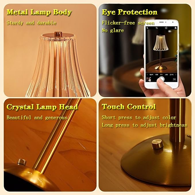 Table Lamps for Nightstand,3 Colors Crystal Table Lamp,LED Night Light,Cordless Lamp Vintage Lamp,Rechargeable Touch Control Small Desk Lamp,Bedside Lamps for Living Bedroom Bathroom Room Bar Lamp - LeafyLoom