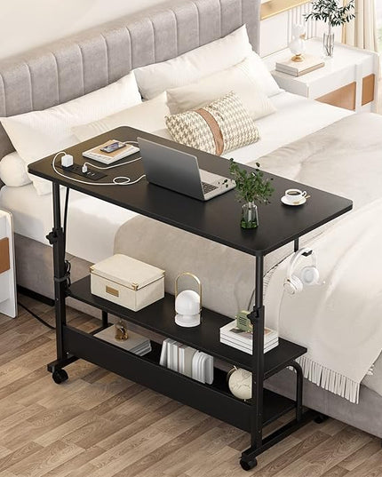 Height Adjustable Standing Desk with Power Outlets, 32" Manual Stand Up Desk with Storage Shelves Small Mobile Rolling Computer Desk Portable Laptop Table with Wheels for Home Office, Black - LeafyLoom