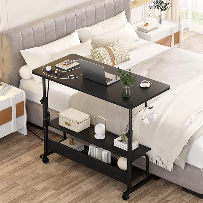 Height Adjustable Standing Desk with Power Outlets, 32" Manual Stand Up Desk with Storage Shelves Small Mobile Rolling Computer Desk Portable Laptop Table with Wheels for Home Office, Black - LeafyLoom