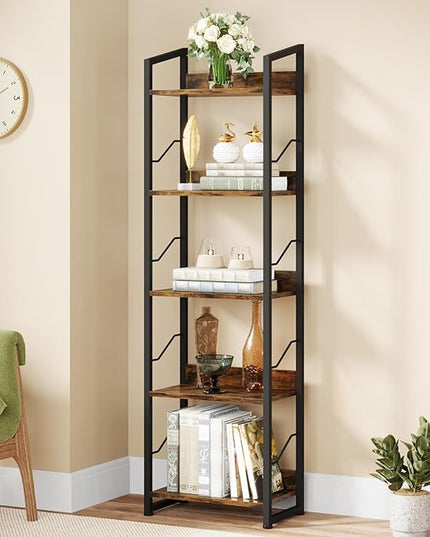 5 Tier Narrow Bookshelf: Tall Bookcase Book Shelf for Bedroom, Industrial Modern Bookshelves for Small Spaces (Rustic Brown) - LeafyLoom