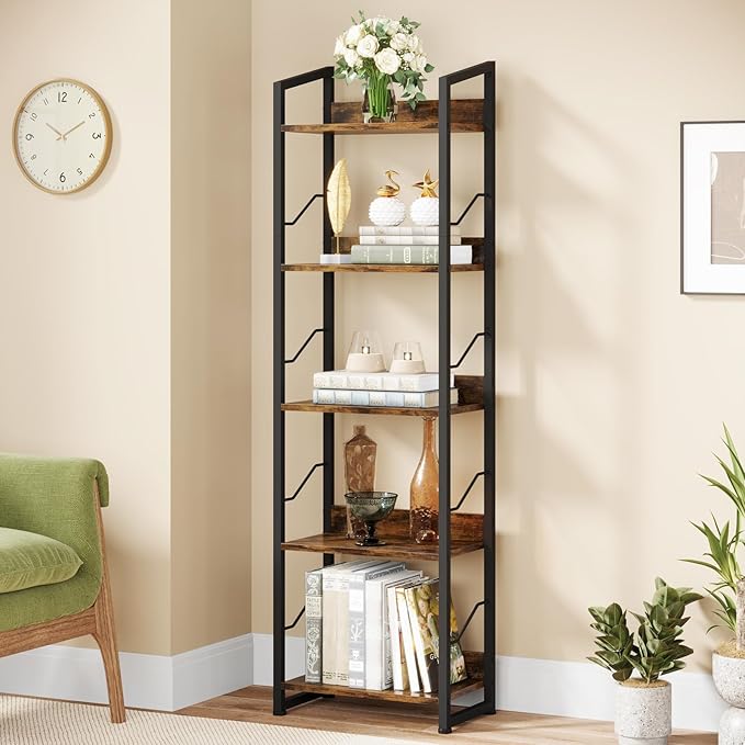 5 Tier Narrow Bookshelf: Tall Bookcase Book Shelf for Bedroom, Industrial Modern Bookshelves for Small Spaces (Rustic Brown) - LeafyLoom