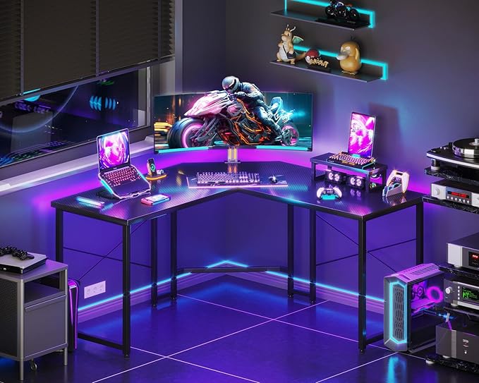 Casaottima L Shaped Gaming Desk with Monitor Stand, Corner Desk Gaming Table for Home Office, Computer Desk Sturdy Writing Workstation for Small Space, 51 inch, Carbon Fiber Surface, Black - LeafyLoom