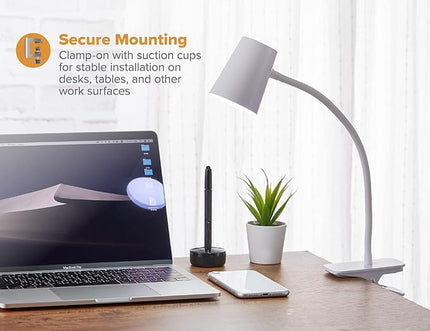 Bostitch Office Adjustable LED Clamp Light, Compact Design, Flexible Neck, Flicker Free, Suction Cups for Stable Installation, White (LED2103) - LeafyLoom