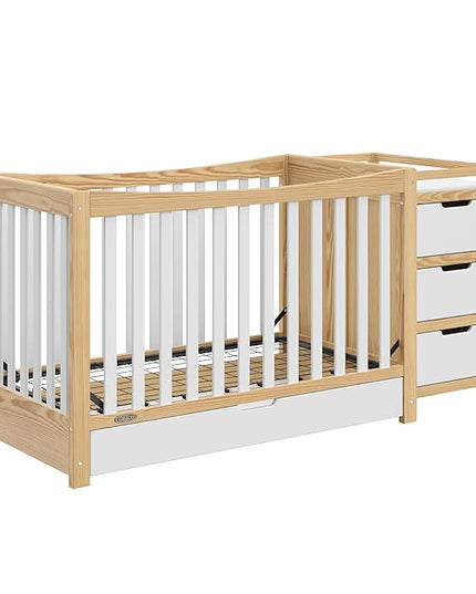 Graco Remi 4-In-1 Convertible Crib & Changer With Drawer (White & Natural) – GREENGUARD Gold Certified, Crib And Changing-Table Combo, Includes Changing Pad, Converts To Toddler Bed, Full-Size Bed - LeafyLoom
