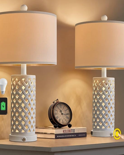 OYEARS 24.75'' Touch Control Table Lamp 3-Way Dimmable Bedroom Nightstand Set of 2 for Living Room Farmhouse Vintage Retro USB Bedside Ceramic Lamps with Linen Shade for Home Office (Bulb Included) - LeafyLoom