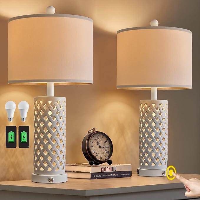 OYEARS 24.75'' Touch Control Table Lamp 3-Way Dimmable Bedroom Nightstand Set of 2 for Living Room Farmhouse Vintage Retro USB Bedside Ceramic Lamps with Linen Shade for Home Office (Bulb Included) - LeafyLoom