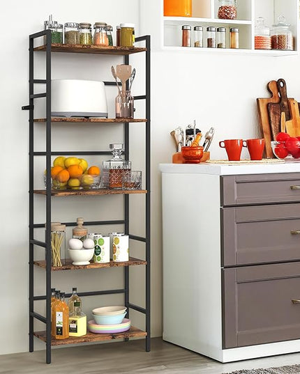 DOMYDEVM Tall Bookshelf, 5 Tier Free Standing Shelves, Wood Storage Shef Unit with Metal Frame, Brown Bookshelf for Small Spaces, Office, Living Room, Bedroom - LeafyLoom