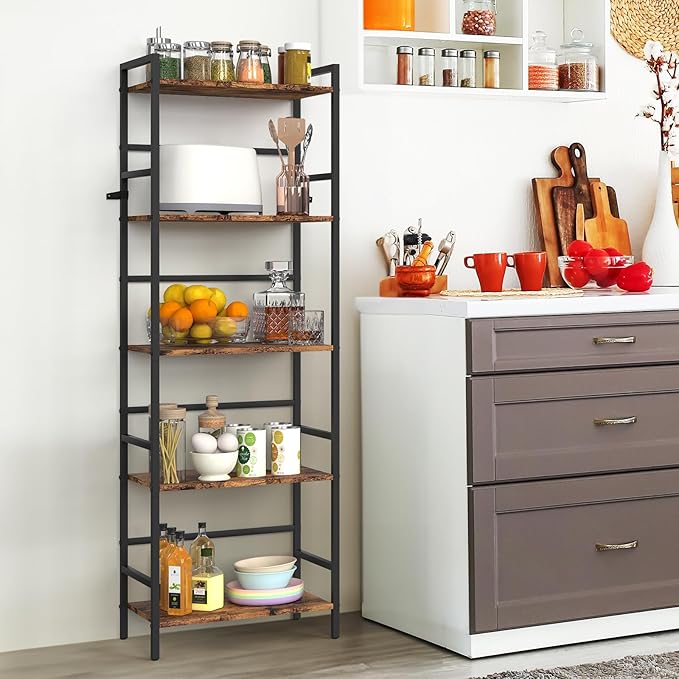 DOMYDEVM Tall Bookshelf, 5 Tier Free Standing Shelves, Wood Storage Shef Unit with Metal Frame, Brown Bookshelf for Small Spaces, Office, Living Room, Bedroom - LeafyLoom