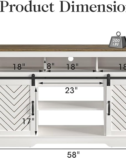 Farmhouse TV Stand for 23" Electric Fireplace, Tall Entertainment Center for 65+ Inch TV, Rustic TV Console with Sliding Bar Door for Living Room (Wood-Tone and White) - LeafyLoom
