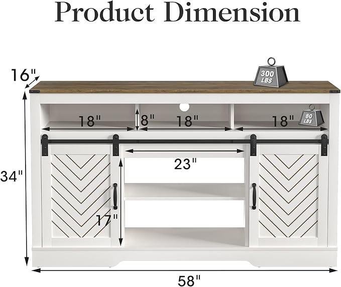 Farmhouse TV Stand for 23" Electric Fireplace, Tall Entertainment Center for 65+ Inch TV, Rustic TV Console with Sliding Bar Door for Living Room (Wood-Tone and White) - LeafyLoom