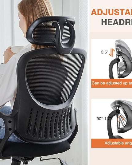 Sweetcrispy Office Computer Desk Chair, Ergonomic High-Back Mesh Rolling Work Chairs with Wheels and Adjustable Headrests, Comfortable Lumbar Support, Comfy Armrest for Home, Bedroom, Study,Black - LeafyLoom
