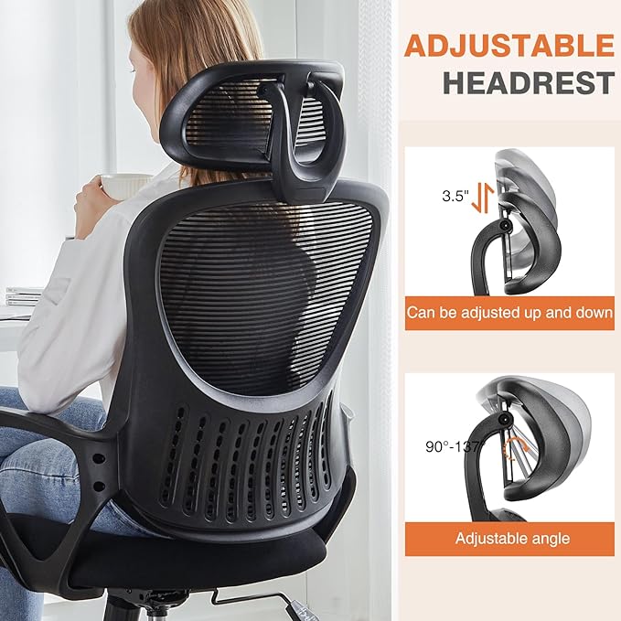 Sweetcrispy Office Computer Desk Chair, Ergonomic High-Back Mesh Rolling Work Chairs with Wheels and Adjustable Headrests, Comfortable Lumbar Support, Comfy Armrest for Home, Bedroom, Study,Black - LeafyLoom