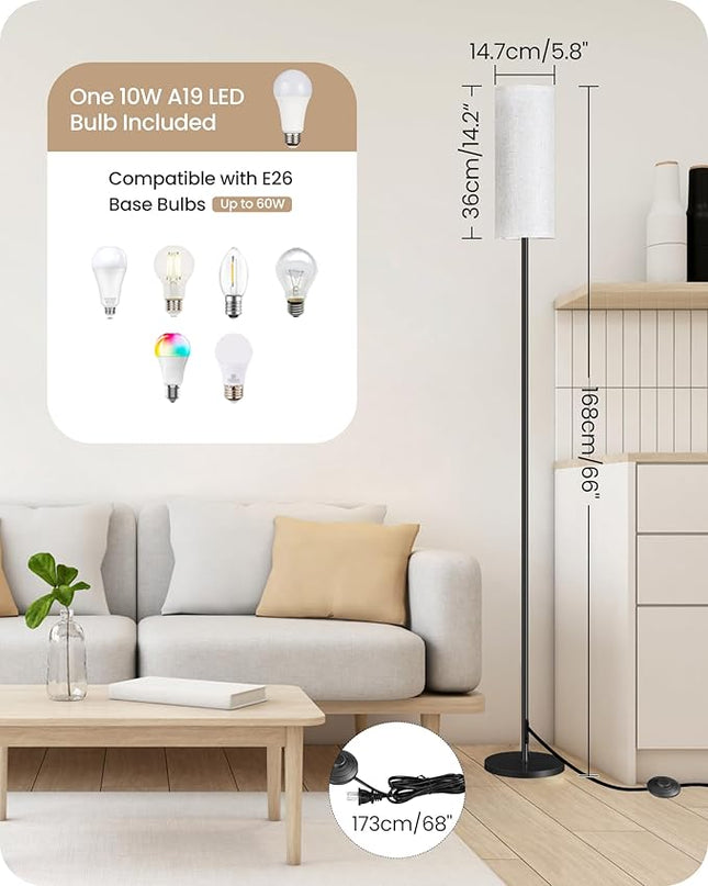 Dimmable Floor Lamp for Living Room, Corner Floor Lamp with Remote, 66'' Standing Tall Lamp, Linen Lampshade, 10W 800LM LED Bulb for Bedroom Study, FCC Listed Black and White W06LD05 - LeafyLoom