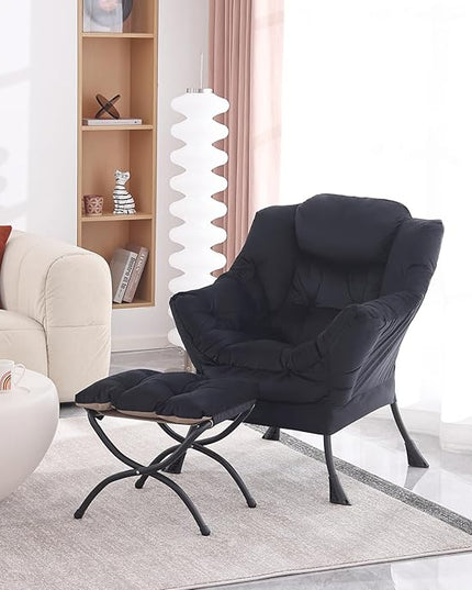 Lazy Chair with Ottoman, Modern Accent Chair Contemporary Lounge Leisure Upholstered Sofa Chair Set with Armrests, Reading Chair for Living Room, Bedroom, Office, Black - LeafyLoom