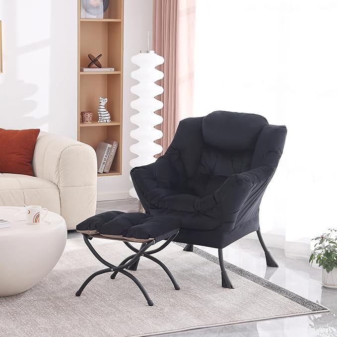 Lazy Chair with Ottoman, Modern Accent Chair Contemporary Lounge Leisure Upholstered Sofa Chair Set with Armrests, Reading Chair for Living Room, Bedroom, Office, Black - LeafyLoom