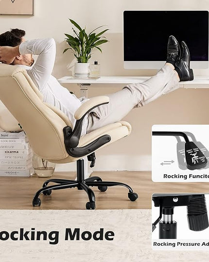 JHK Leather Office Chair with Flip Up Arms, Executive High Back Big and Tall Desk Chairs with Ergonomic Lumbar Support, Adjustable Height,Wheels, Soft Padded, Cream - LeafyLoom