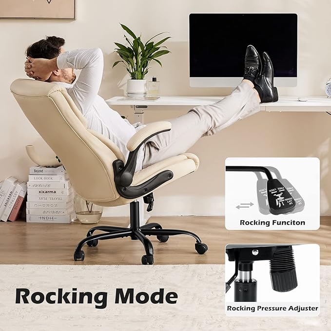 JHK Leather Office Chair with Flip Up Arms, Executive High Back Big and Tall Desk Chairs with Ergonomic Lumbar Support, Adjustable Height,Wheels, Soft Padded, Cream - LeafyLoom