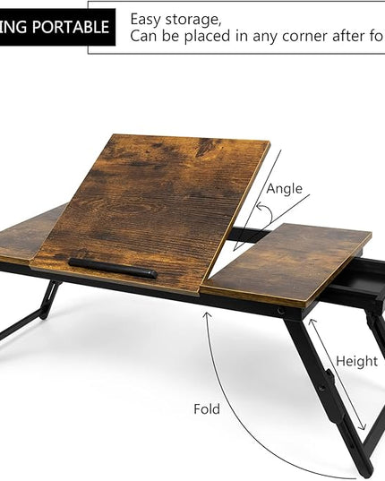 Bamboo Laptop Desk Bed Tray Table Adjustable Table for Computer Tilting Top Foldable Leg with Drawer - LeafyLoom