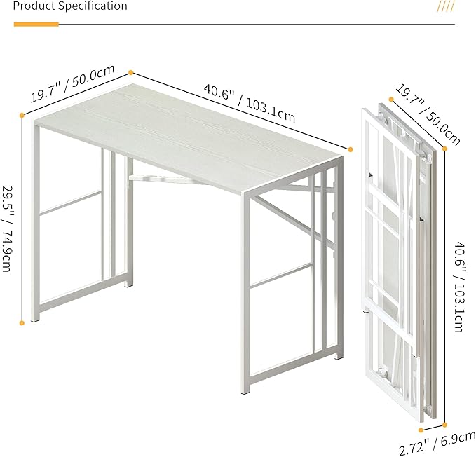 Folding Desk 40 inch Writing Gaming Computer Camping Table, No Assembly Required Home Office Desk, White - LeafyLoom