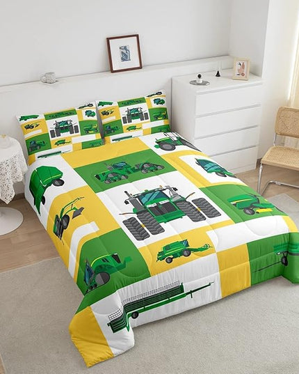 Boys Tractor Comforter Set King Kids Equipment Trucks Bedding Sets For Teens Bedroom Under Construction Quilt Set Excavator Vehicle Car Bedding Farmhouse Harvester Quilted Comforter,Green Yellow - LeafyLoom