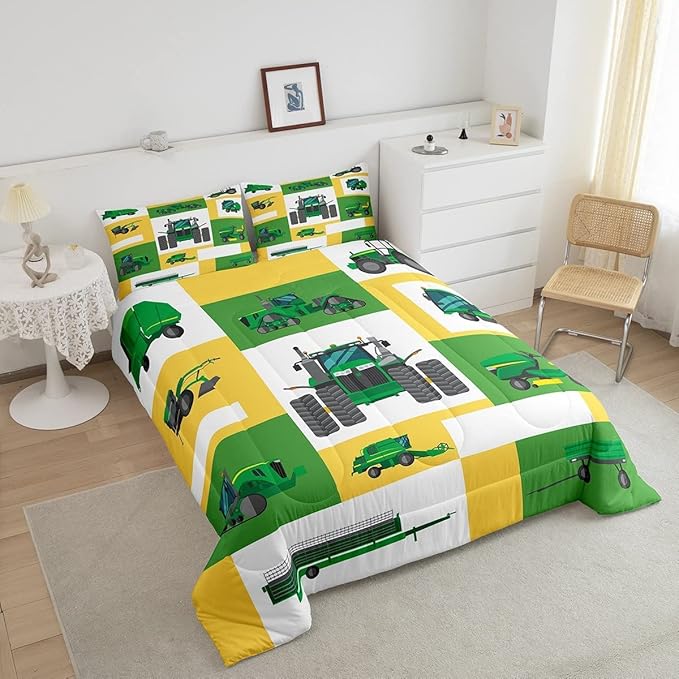 Boys Tractor Comforter Set King Kids Equipment Trucks Bedding Sets For Teens Bedroom Under Construction Quilt Set Excavator Vehicle Car Bedding Farmhouse Harvester Quilted Comforter,Green Yellow - LeafyLoom