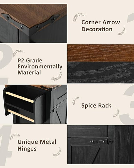 53.5'' Farmhouse Kitchen Cart with Power Outlet & Drop Leaf, Portable Mobile Table w/Spice, Towel Rack and Drawers, Rolling Islands on Wheels, for Home, Dining Room, Black, 53.5 Inch - LeafyLoom