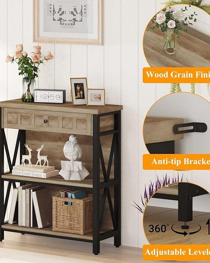 FATORRI Rustic Bookshelf with Drawer, Industrial Wood and Metal Bookcase, Small Book Shelf and Low Book case for Small Space (Rustic Oak) - LeafyLoom