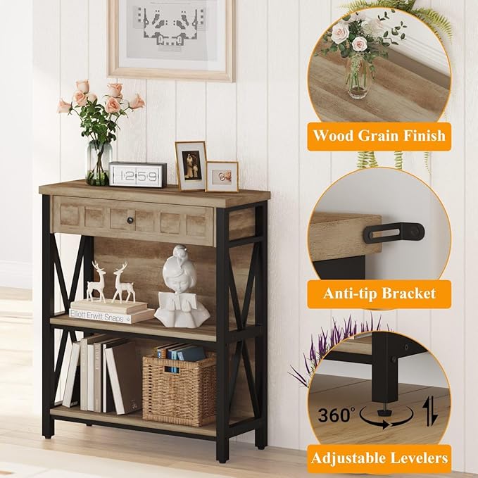 FATORRI Rustic Bookshelf with Drawer, Industrial Wood and Metal Bookcase, Small Book Shelf and Low Book case for Small Space (Rustic Oak) - LeafyLoom
