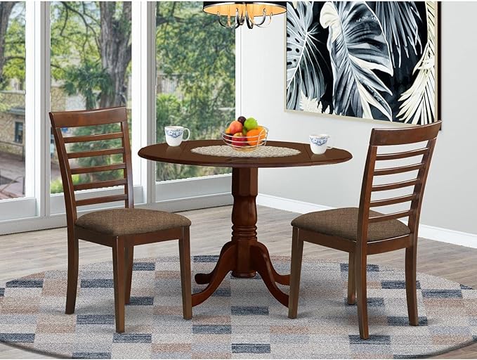 East West Furniture Dublin 3 Piece Set Contains a Round Dining Room Table with Dropleaf and 2 Linen Fabric Upholstered Chairs, 42x42 Inch, Mahogany - LeafyLoom