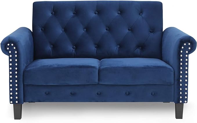 Furinno Bastia Vintage Modern Chesterfield Button Tufted Loveseat/Sofa Couch for Living Room, Navy Velvet - LeafyLoom