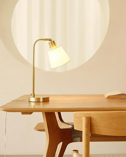 Globe Electric 61000057 16" Desk Lamp, Matte Brass Finish, White Linen Shade, Pivot Joint, On/Off Rotary Switch on Socket, E26 Base Bulb, Lamp for Living Room, Home Office, Home Improvement - LeafyLoom