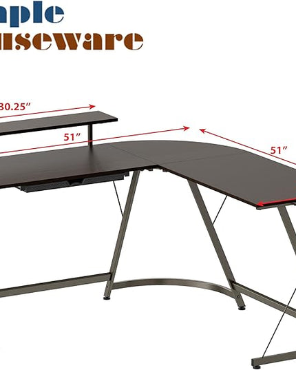 SHW Vista L-Shape Desk with Monitor Stand, Espresso - LeafyLoom