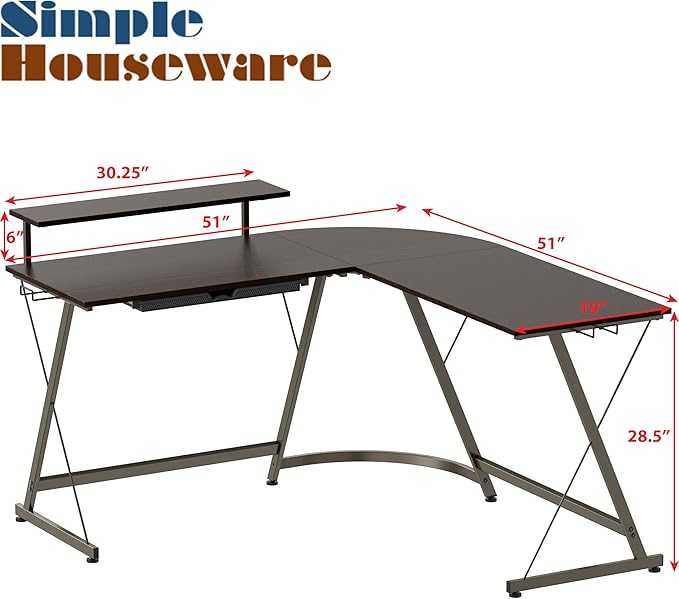 SHW Vista L-Shape Desk with Monitor Stand, Espresso - LeafyLoom