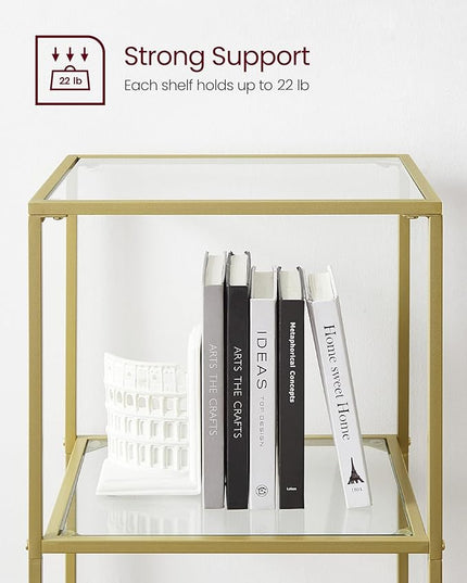 VASAGLE Bookcase, 6-Tier Bookshelf, Slim Shelving Unit for Bedroom, Bathroom, Home Office, Tempered Glass, Steel Frame, Metallic Gold ULGT500A01 - LeafyLoom