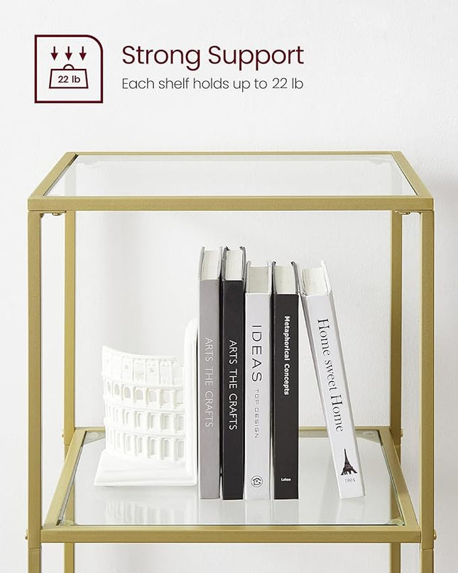 VASAGLE Bookcase, 6-Tier Bookshelf, Slim Shelving Unit for Bedroom, Bathroom, Home Office, Tempered Glass, Steel Frame, Metallic Gold ULGT500A01 - LeafyLoom
