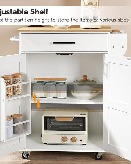 HOOBRO Kitchen Island with Power Outlet, Kitchen Storage Island with Large Worktop, Spice Rack and Drawer, Rolling Kitchen Cart on Wheels, for Kitchen and Dining Room, White and Natural WN88UZD01 - LeafyLoom