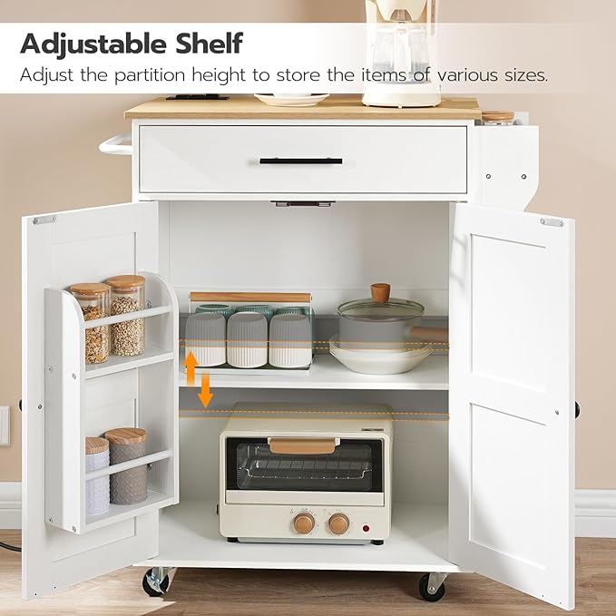HOOBRO Kitchen Island with Power Outlet, Kitchen Storage Island with Large Worktop, Spice Rack and Drawer, Rolling Kitchen Cart on Wheels, for Kitchen and Dining Room, White and Natural WN88UZD01 - LeafyLoom