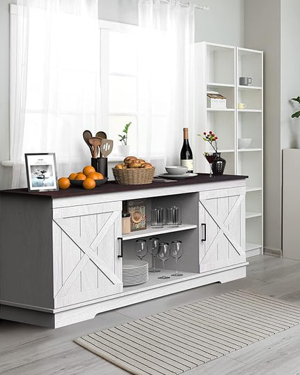YITAHOME Buffet Cabinet, 59" Farmhouse Sideboard Buffet Storage Cabinet with Barn Door, Coffee Bar Cabinet with Capacity 300 lbs for Home Dinning Living Room, Grey White/Espresso, 26" Height - LeafyLoom