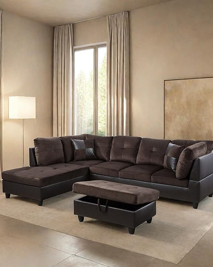 L Shaped Sofa with Ottoman Modern Sectional Living Room, Bedroom, Office, L Couch Leather-Brown - LeafyLoom