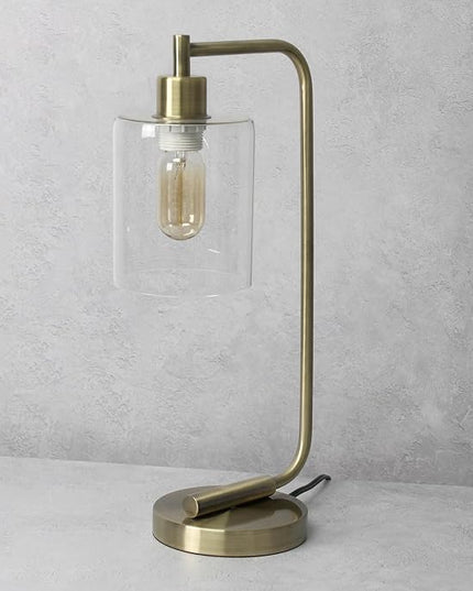 Simple Designs LD1036-ABS 18.8" Industrial Vintage Bronson Antique Style Industrial Iron Lantern Desk Table Lamp with Glass Cylinder Shade for Home Décor, Office, Living Room, Bedroom, Antique Brass - LeafyLoom