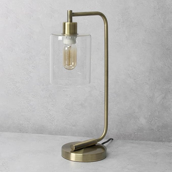 Simple Designs LD1036-ABS 18.8" Industrial Vintage Bronson Antique Style Industrial Iron Lantern Desk Table Lamp with Glass Cylinder Shade for Home Décor, Office, Living Room, Bedroom, Antique Brass - LeafyLoom