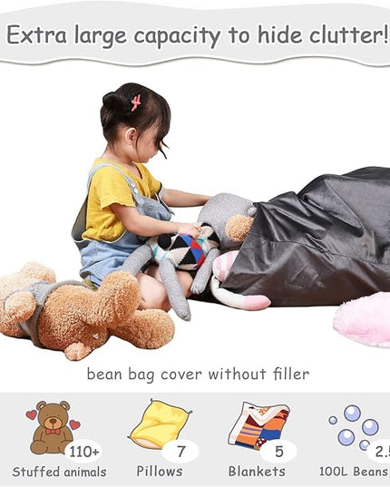 Stuffed Animal Storage Bean Bag Chair for Kids and Adults, Stuffed Animal Bean Bag Storage, Luxury Velvet Stuffie Seat - COVER ONLY(Dark Grey 200L/52 Gal) - LeafyLoom
