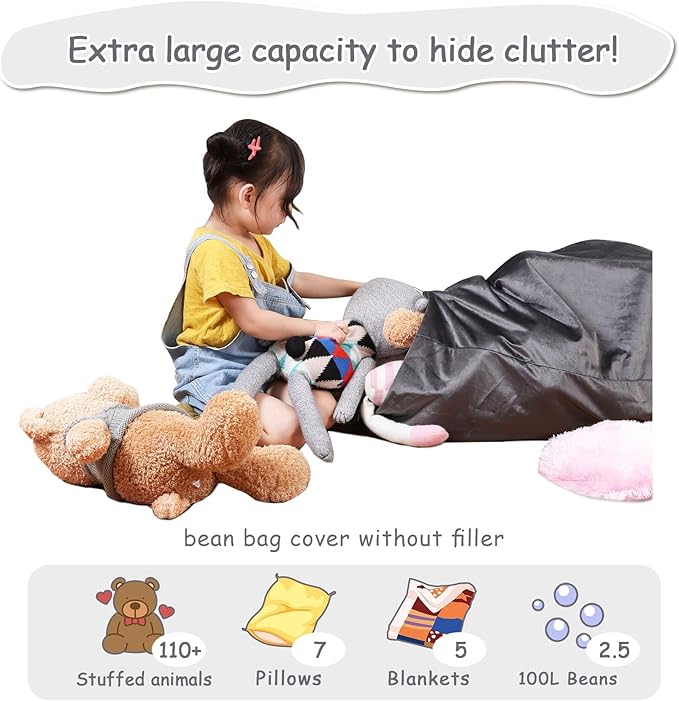 Stuffed Animal Storage Bean Bag Chair for Kids and Adults, Stuffed Animal Bean Bag Storage, Luxury Velvet Stuffie Seat - COVER ONLY(Dark Grey 200L/52 Gal) - LeafyLoom