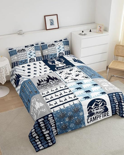 Erosebridal Happy Camping Bedding Set King Size for Boys Kids Teens, Camper Duvet Insert, Rustic Farmhouse Style Comforter Set, Sketch Drawing Camper Bedding, Camping Car Down Comforter, Blue - LeafyLoom