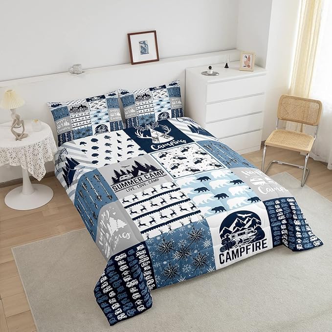 Erosebridal Happy Camping Bedding Set King Size for Boys Kids Teens, Camper Duvet Insert, Rustic Farmhouse Style Comforter Set, Sketch Drawing Camper Bedding, Camping Car Down Comforter, Blue - LeafyLoom