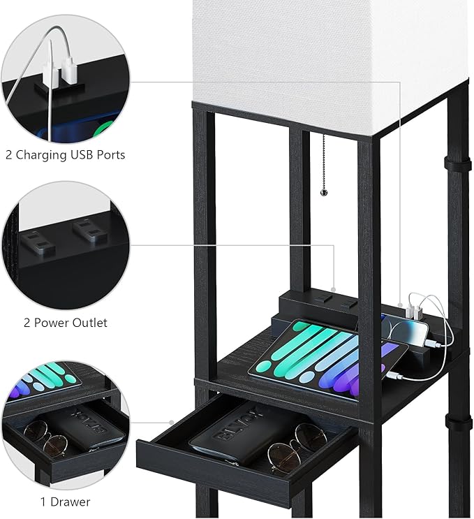 SUNMORY Floor Lamp with Shelves, RGB Light Dimmable Standing Lamp with APP Control, Tall Shelf Lamp for Living Room and Bedroom, Home Decor (Black) - LeafyLoom