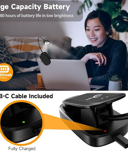 Book Lights for Reading in Bed, 12 LEDs Rechargeable Battery Clip Lamp with 3 Lighting Color, Stepless Dimming, Eye Protection, 80 Hours Runtime, 360° Flexible Gooseneck, Lightweight, Portable - LeafyLoom