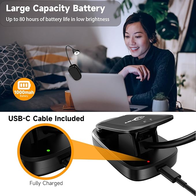 Book Lights for Reading in Bed, 12 LEDs Rechargeable Battery Clip Lamp with 3 Lighting Color, Stepless Dimming, Eye Protection, 80 Hours Runtime, 360° Flexible Gooseneck, Lightweight, Portable - LeafyLoom