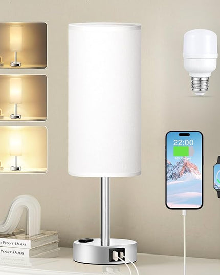 White Touch Bedroom Table Lamp - 3 Way Dimmable Bedside Lamp USB C A Charging Ports and AC Outlet, Small Lamp Nightstand with Silver Base for Living Room, Office Desk, LED Bulb Included - LeafyLoom