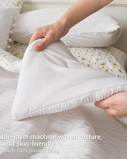 8 Piece Woven Texture White King Size Comforter Set, Bed in A Bag Bedding King with Comforter and Sheets, Soft Lightweight Comforter Set with Deocor Throw Pillow, White - LeafyLoom